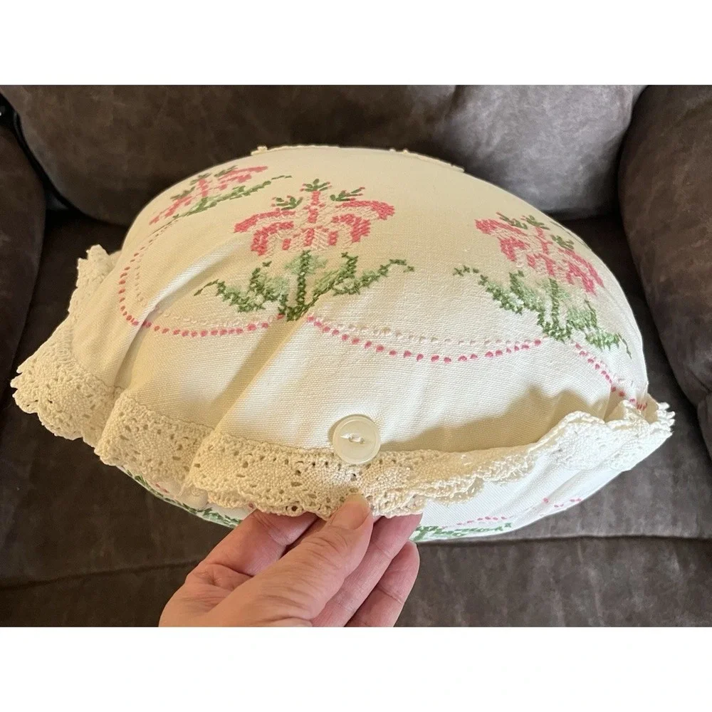 Vintage‎ Handmade Cross Stitch Floral Throw Pillow Cottagecore Shabby Chic Decor